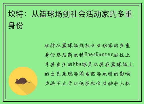 坎特：从篮球场到社会活动家的多重身份